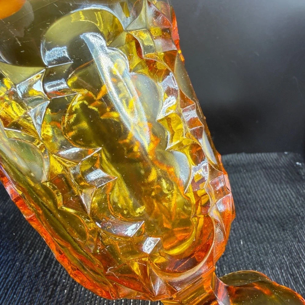 Vintage Amber Glass Goblet Diamond Starburst Footed Water Glass Cup VTG Decor‎
